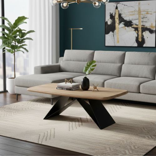 Table Basse Plateau En Acacia Massif Pieds Métal Noir Forme Papillon - Mylonis