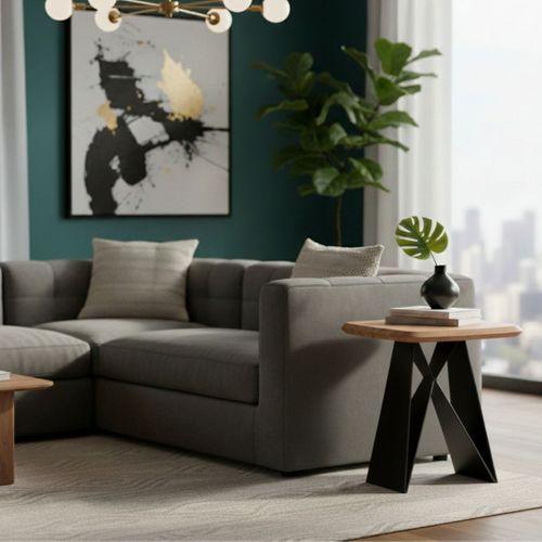 Bout De Canapé Plateau En Acacia Massif Pieds Métal Noir Forme Papillon - Mylonis