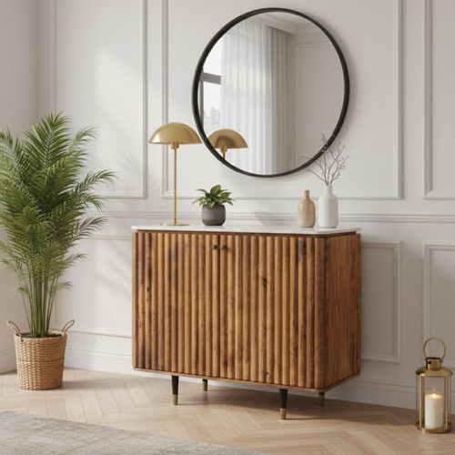 Meuble De Rangement 2 Portes En Manguier Plateau Marbre Pieds Teinté Embout Doré - Jamaris