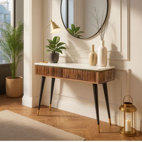 Console 2 Tiroirs En Manguier Plateau Marbre Pieds Teinté Embout Doré - Jamaris