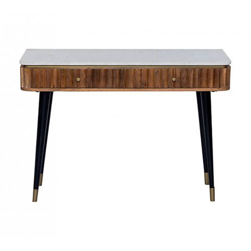 Console 2 Tiroirs En Manguier Plateau Marbre Pieds Teinté Embout Doré - Jamaris