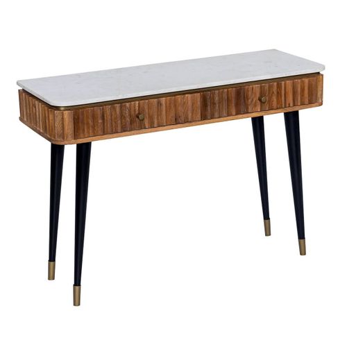 Console 2 Tiroirs En Manguier Plateau Marbre Pieds Teinté Embout Doré - Jamaris