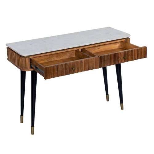 Console 2 Tiroirs En Manguier Plateau Marbre Pieds Teinté Embout Doré - Jamaris
