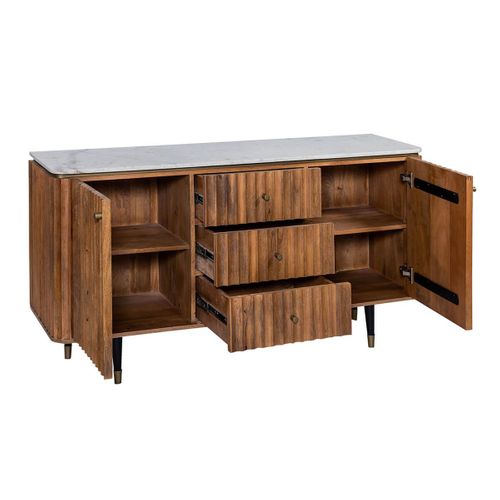 Buffet 2 Portes 3 Tiroirs En Manguier Plateau Marbre Pieds Teinté Embout Doré - Jamaris