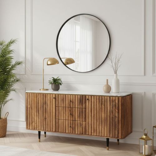 Buffet 2 Portes 3 Tiroirs En Manguier Plateau Marbre Pieds Teinté Embout Doré - Jamaris