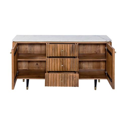 Buffet 2 Portes 3 Tiroirs En Manguier Plateau Marbre Pieds Teinté Embout Doré - Jamaris