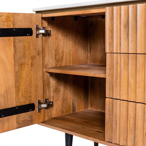 Buffet 2 Portes 3 Tiroirs En Manguier Plateau Marbre Pieds Teinté Embout Doré - Jamaris