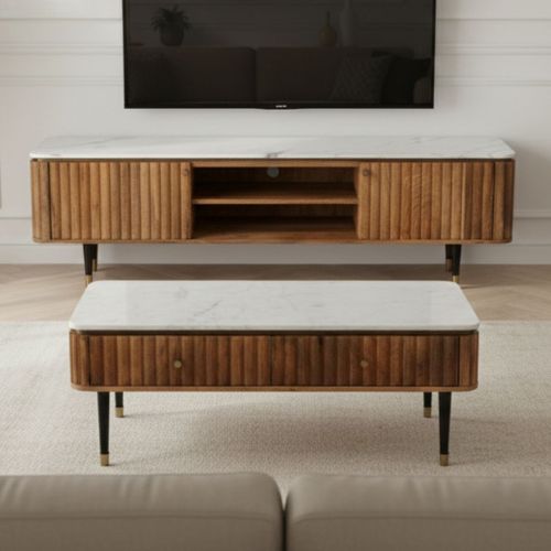 Table Basse 4 Tiroirs En Manguier Plateau Marbre Pieds Teinté Embout Doré - Jamaris