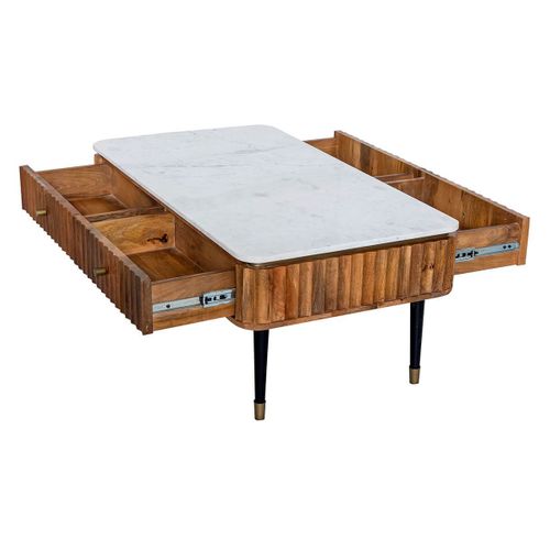 Table Basse 4 Tiroirs En Manguier Plateau Marbre Pieds Teinté Embout Doré - Jamaris