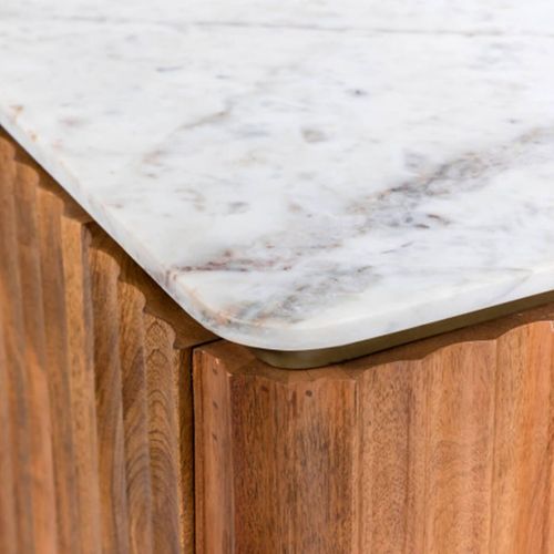 Meuble TV 2 Portes 2 Niches En Manguier Plateau Marbre Pieds Teinté Embout Doré - Jamaris