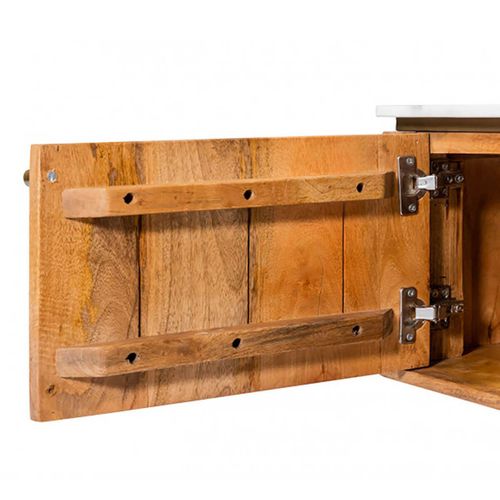 Meuble TV 2 Portes 2 Niches En Manguier Plateau Marbre Pieds Teinté Embout Doré - Jamaris