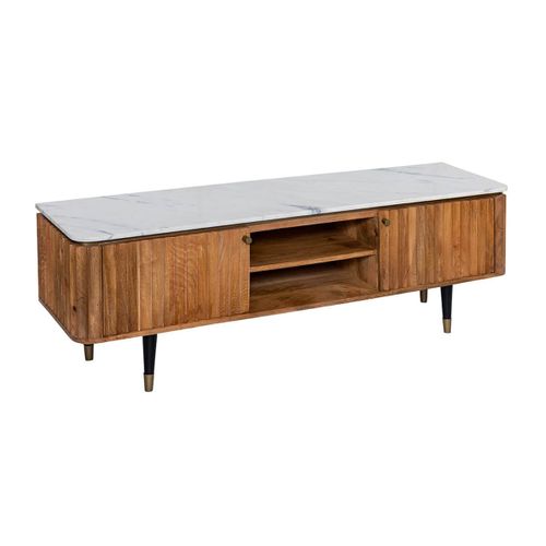 Meuble TV 2 Portes 2 Niches En Manguier Plateau Marbre Pieds Teinté Embout Doré - Jamaris