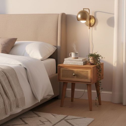 Chevet 1 Tiroir En Acacia Finition Teinté Teck Avec Plaquage Cannage - Kesiah