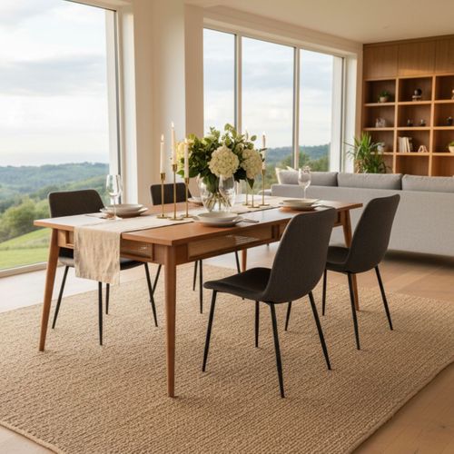 Table Repas 200cm En Acacia Finition Teinté Teck Avec Plaquage Cannage - Kesiah