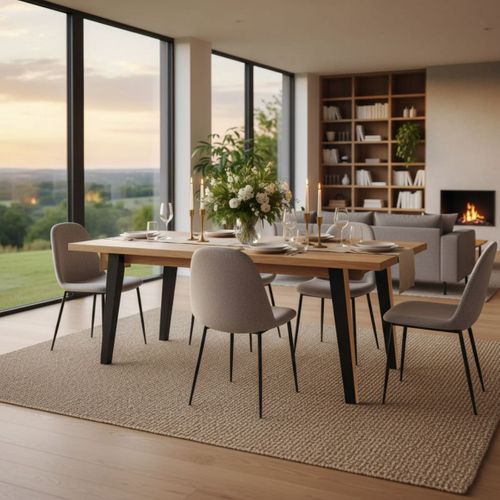 Table Repas 180cm Plaquage Chêne Rustique Pieds En Métal Noir Et Plaqué Chêne - Battista