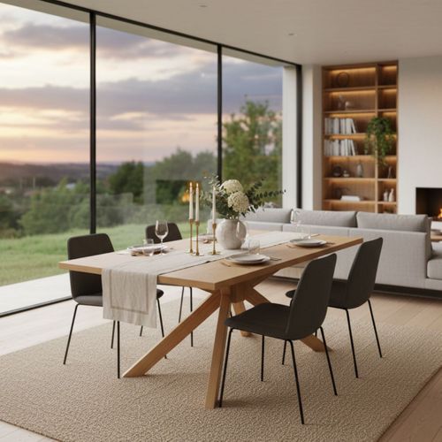 Table Repas 180cm Plaquage Chêne Rustique Piètement Étoile Chêne Massif - Gisele