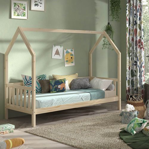 Lit Cabane Avec Barrières 90x200cm En Pin Massif Naturel - Cabanon