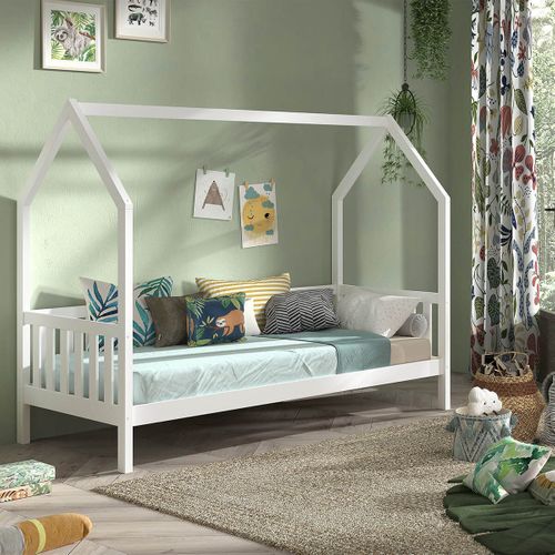 Lit Cabane Avec Barrières 90x200cm En Pin Massif Laqué Blanc - Cabanon