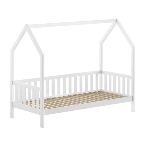 Lit Cabane Avec Barrières 90x200cm En Pin Massif Laqué Blanc - Cabanon