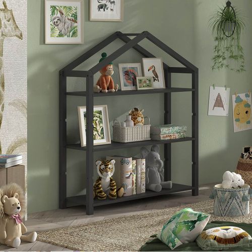 Bibliothèque Cabane En Pin Massif Laqué Anthracite 3 Niveaux - Arkan