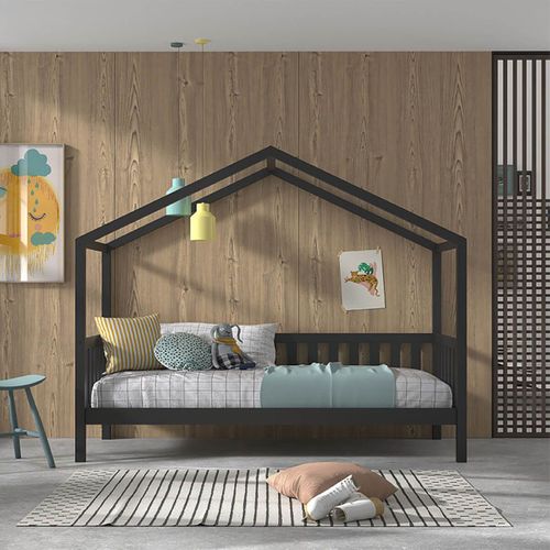 Lit Maison à Barrières 90x200cm Pin Anthracite - Arkan