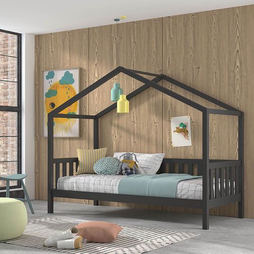 Lit Maison à Barrières 90x200cm Pin Anthracite - Arkan