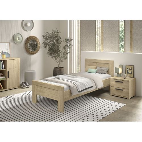 Chambre Enfant Lit 90x200cm + Chevet Aspect Chêne Clair - Marco