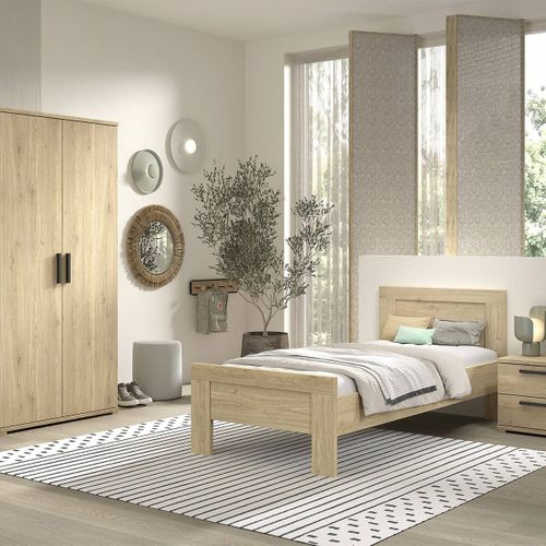 Chambre Enfant Lit 90x200cm + Chevet + Armoire 2 Portes Aspect Chêne - Marco