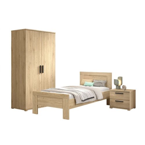 Chambre Enfant Lit 90x200cm + Chevet + Armoire 2 Portes Aspect Chêne - Marco