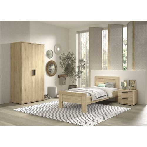 Chambre Enfant Lit 90x200cm + Chevet + Armoire 2 Portes Aspect Chêne - Marco