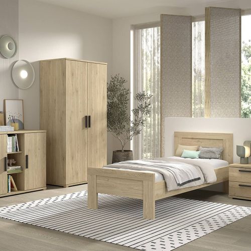 Chambre Enfant Complète Lit 90x200cm Chevet Armoire 2p Et Commode Aspect Chêne - Marco