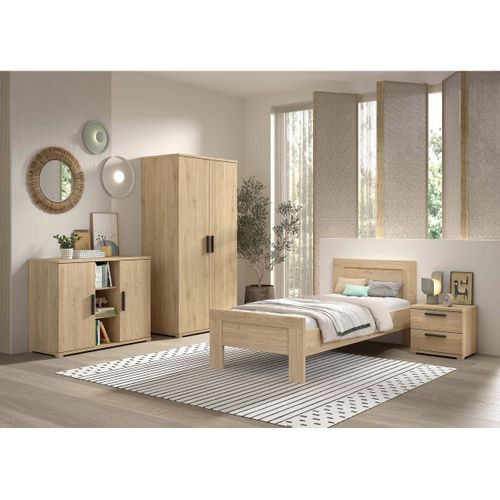 Chambre Enfant Complète Lit 90x200cm Chevet Armoire 2p Et Commode Aspect Chêne - Marco