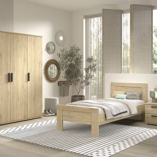 Chambre Enfant Lit 90x200cm + Chevet + Armoire 3 Portes Aspect Chêne Clair - Marco