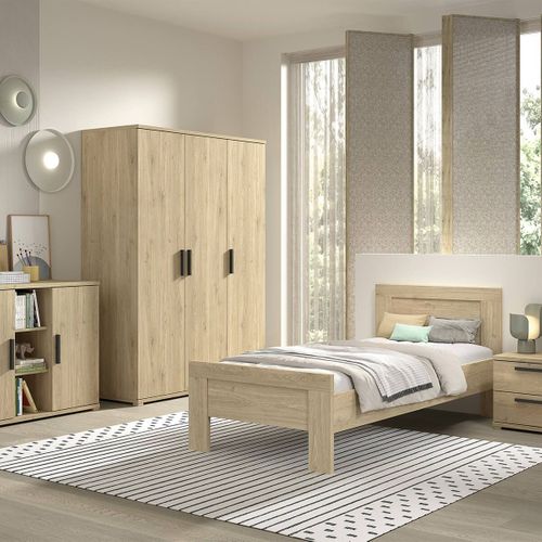 Chambre Enfant Complète Lit 90x200cm Chevet Armoire 3p Et Commode Aspect Chêne - Marco
