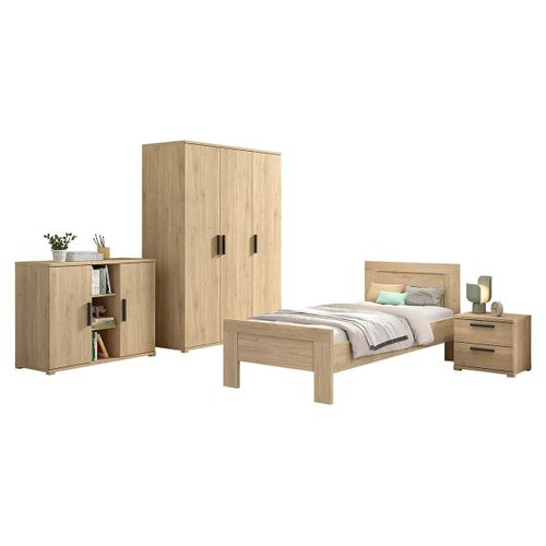Chambre Enfant Complète Lit 90x200cm Chevet Armoire 3p Et Commode Aspect Chêne - Marco