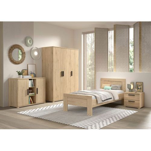 Chambre Enfant Complète Lit 90x200cm Chevet Armoire 3p Et Commode Aspect Chêne - Marco