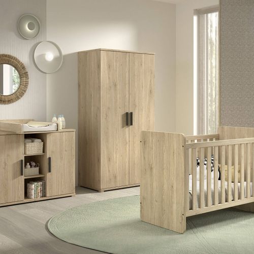 Chambre Bébé Lit 60x120cm + Meuble à Langer + Armoire 2p Aspect Chêne Clair - Marco