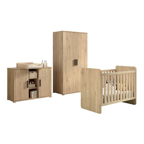 Chambre Bébé Lit 60x120cm + Meuble à Langer + Armoire 2p Aspect Chêne Clair - Marco