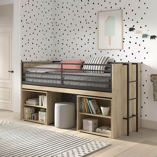 Lit Surélevé Combiné 90x200cm Plateau Coulissant Avec Etagères Aspect Chêne Clair - Marco