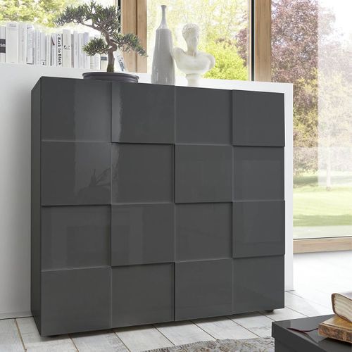 Meuble Rangement 2 Portes Laqué Gris Carbone Relief Damiers - Rebecca
