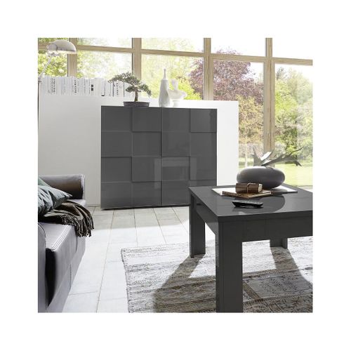Meuble Rangement 2 Portes Laqué Gris Carbone Relief Damiers - Rebecca