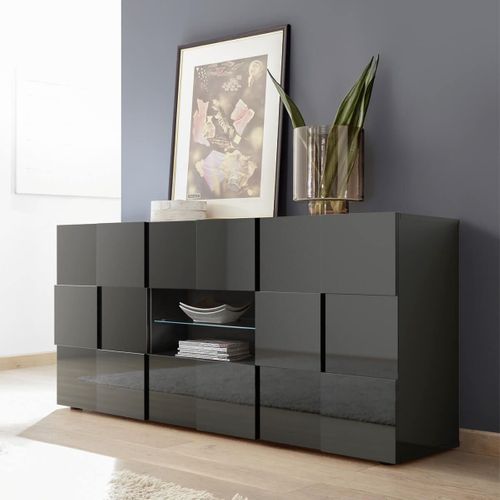 Buffet 2 Portes 2 Tiroirs Finition Laqué Gris Carbone Relief Damiers Et LEDs - Rebecca