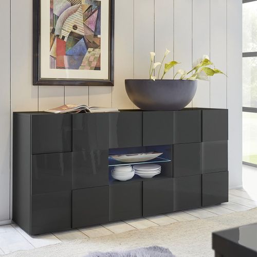 Buffet 2 Portes 2 Tiroirs Finition Laqué Gris Carbone Relief Damiers Et LEDs - Rebecca