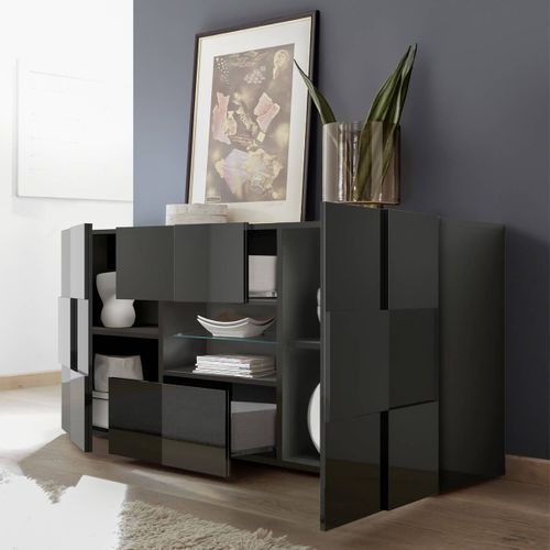 Buffet 2 Portes 2 Tiroirs Finition Laqué Gris Carbone Relief Damiers Et LEDs - Rebecca