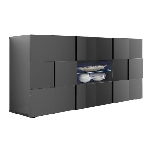 Buffet 2 Portes 2 Tiroirs Finition Laqué Gris Carbone Relief Damiers Et LEDs - Rebecca