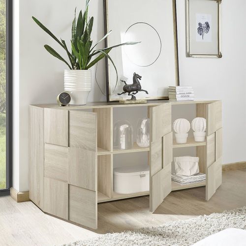 Buffet 3 Portes Finition Aspect Bois Samoa Relief Damiers - Rebecca