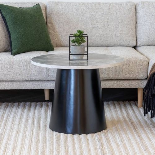 Table Basse Plateau Mdf Aspect Marbre Pied Central Conique En Métal - Koela