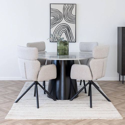 Table Repas Ø120cm Plateau Mdf Aspect Marbre Pied Central Conique En Métal - Koela