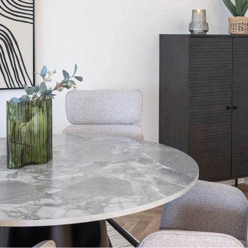 Table Repas Ø120cm Plateau Mdf Aspect Marbre Pied Central Conique En Métal - Koela