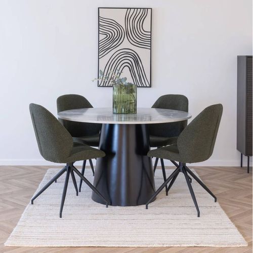 Table Repas Ø120cm Plateau Mdf Aspect Marbre Pied Central Conique En Métal - Koela